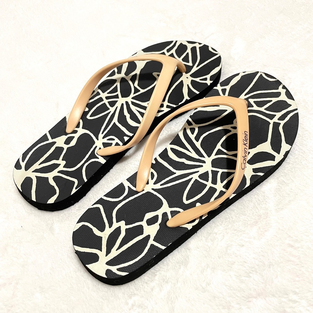 Calvin Klein Flip Flops Thong Sandals Black‎ White Floral Print Beach Size 7
